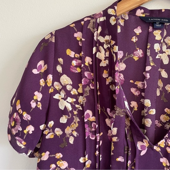 Lands' End Women's Floral Tie Neck Short Sleeve Blouse Purple Size 8P - Picture 6 of 10